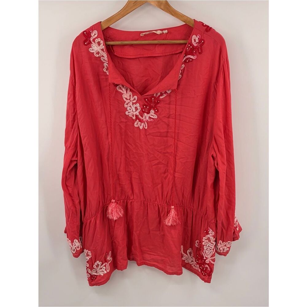 Soft Surroundings coral floral crush embroidered tassel tunic blouse women’s 3X